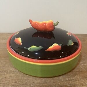 Clay Art "Fiesta" Hand Painted Serving Dish w/ Lid Colorful Southwestern Design